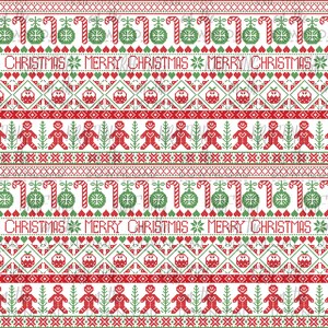 May include: A red and green Christmas pattern with candy canes, ornaments, gingerbread men, and the text "Merry Christmas".