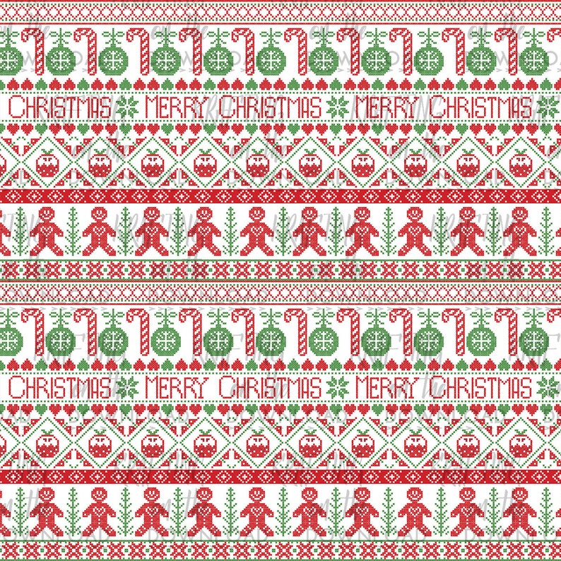 May include: A red and green Christmas pattern with candy canes, ornaments, gingerbread men, and the text "Merry Christmas".