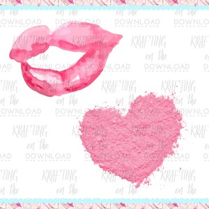 May include: A pink watercolor illustration of a pair of lips and a heart shape made of pink powder. The heart shape is slightly blurred.