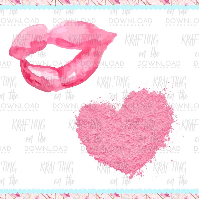 May include: A pink watercolor illustration of a pair of lips and a heart shape made of pink powder. The heart shape is slightly blurred.