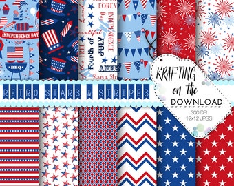 4 de julio paquete de papel cuarto de julio papeles digitales EE.UU. estrellas y rayas azul rojo bandera americana digital álbum de recortes 4 de julio papeles digitales