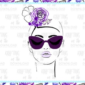 Puede incluir: Ilustraci&oacute;n en blanco y negro de un rostro femenino con gafas de sol y un tocado floral morado. El dise&ntilde;o presenta acentos morados y el texto "KRAFTING on the DOWNLOAD".