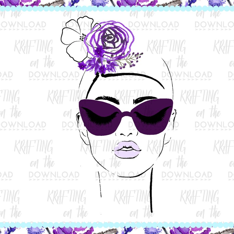 Puede incluir: Ilustraci&oacute;n en blanco y negro de un rostro femenino con gafas de sol y un tocado floral morado. El dise&ntilde;o presenta acentos morados y el texto "KRAFTING on the DOWNLOAD".