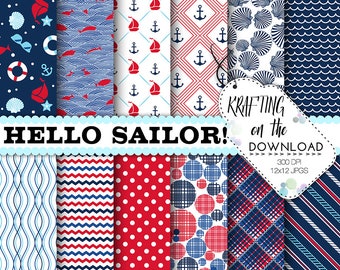 navy and red nautical digital paper navy preppy digital papers anchor digital paper cute paper pack navy and red paper summer digital paper