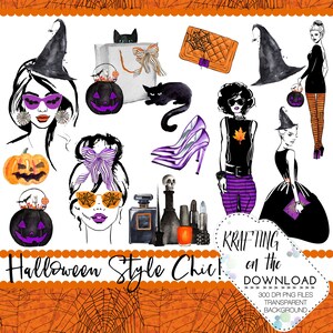 May include: A digital illustration of Halloween-themed fashion accessories and characters. The illustration features a witch with a black hat and purple sunglasses, a woman with a purple and white striped headband, a woman with a black and purple outfit, a black cat, a pumpkin, a pair of purple high heels, and a black and purple handbag. The text "KRAFTING on the" and "Halloween Style Chic!" is also included in the illustration.