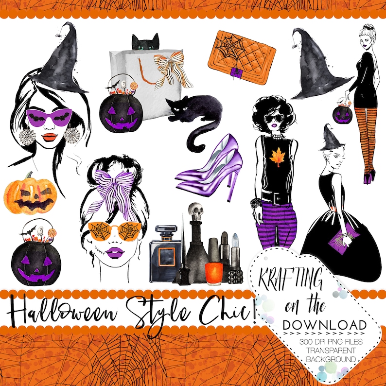 May include: A digital illustration of Halloween-themed fashion accessories and characters. The illustration features a witch with a black hat and purple sunglasses, a woman with a purple and white striped headband, a woman with a black and purple outfit, a black cat, a pumpkin, a pair of purple high heels, and a black and purple handbag. The text "KRAFTING on the" and "Halloween Style Chic!" is also included in the illustration.