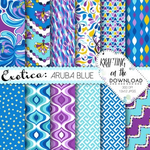 May include: A collection of digital papers with various patterns in shades of blue, purple, and yellow. The patterns include floral designs, geometric shapes, and abstract motifs. The text "Exotica: Aruba Blue" is displayed, along with a tag that reads "Krafting on the Download".