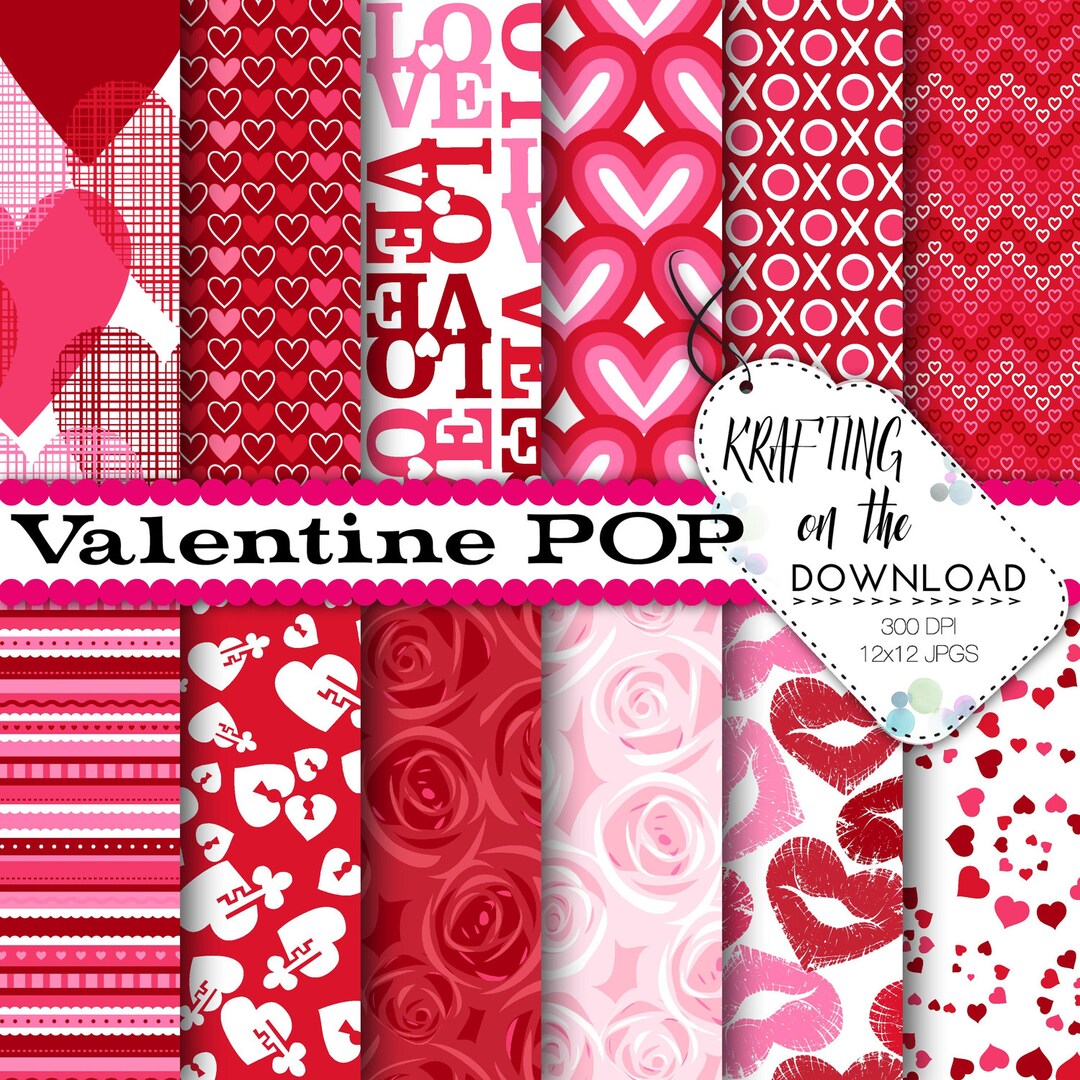 Valentine Paper Pack With Pink Rose Digital Paper Hearts Paper Pack ...