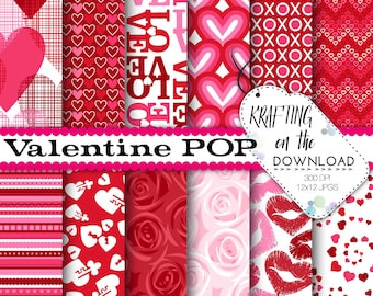 valentine paper pack with pink rose digital paper hearts paper pack lips pink red valentines paper pack hearts digital papers xoxo love