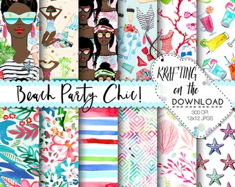 watercolor beach girl paper pack beach digital paper beach african american planner girl paper pack watercolor beach paper pack