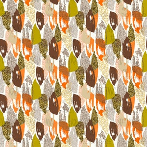 May include: Abstract seamless pattern with brown, orange, gold, and green brushstrokes on a white background. The pattern is made up of various shapes and sizes of brushstrokes, creating a dynamic and modern design.