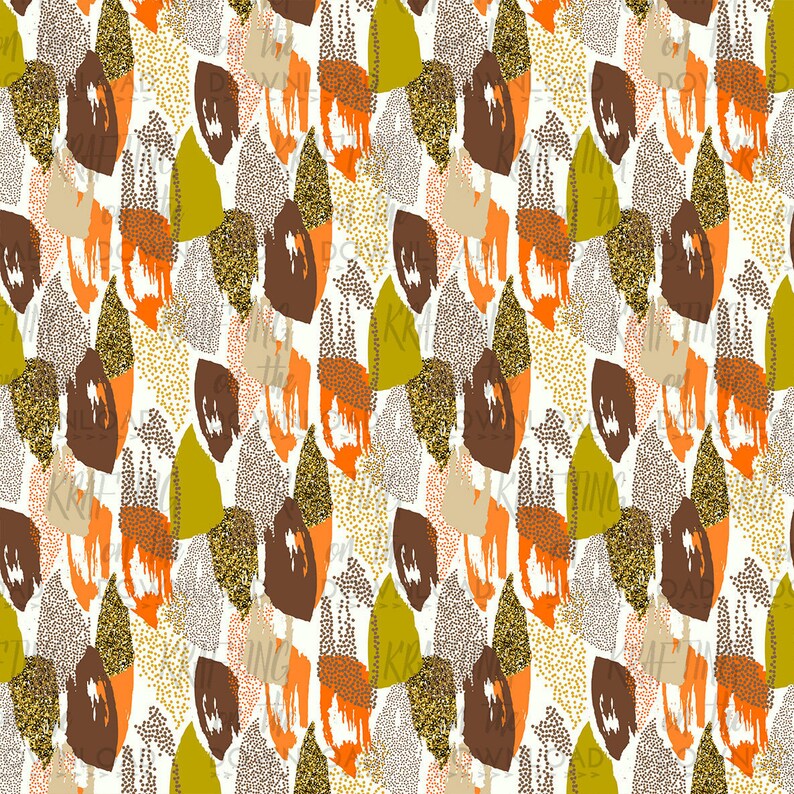May include: Abstract seamless pattern with brown, orange, gold, and green brushstrokes on a white background. The pattern is made up of various shapes and sizes of brushstrokes, creating a dynamic and modern design.