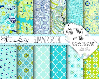 Serendipity paisley digital paper pack shabby chic aqua turquoise lime green paisley scrapbooking papers preppy paisley instant download