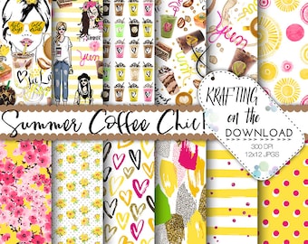 May include: A set of 12 digital paper designs featuring summer coffee themes. The papers include patterns of coffee cups, hearts, flowers, stripes, polka dots, and abstract brushstrokes. The colors are yellow, pink, white, and black.