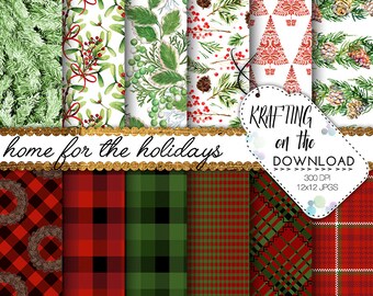 paquete de papel de navidad búfalo a cuadros de papel digital a cuadros paquete de papel de vacaciones plaid paquete de papel de Navidad tartan papeles a cuadros