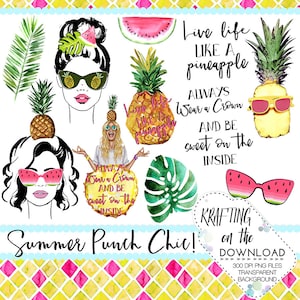 Könnte beinhalten: Ein digitales Illustrationsset mit Ananas-Motiv. Das Set enthält eine Ananas mit Krone, eine Ananas mit Sonnenbrille, eine Frau mit Sonnenbrille und einer Ananas auf dem Kopf, eine Frau mit Sonnenbrille und einer Wassermelone auf dem Kopf, eine Wassermelonen-Scheibe, ein grünes Monstera-Blatt und Text, der lautet "Live life like a pineapple. Always wear a crown and be sweet on the inside." Das Set ist zum Basteln gedacht und beinhaltet eine Download-Option für 300 DPI PNG-Dateien mit transparentem Hintergrund.