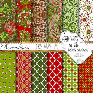 Puede incluir: Un paquete de papel digital con 12 patrones navide&ntilde;os en rojo, verde y blanco. Los patrones incluyen dise&ntilde;os de paisley, geom&eacute;tricos y florales. El texto "Serendipity... Christmas Time" y "KRAFTING on the DOWNLOAD" est&aacute; incluido en la imagen.