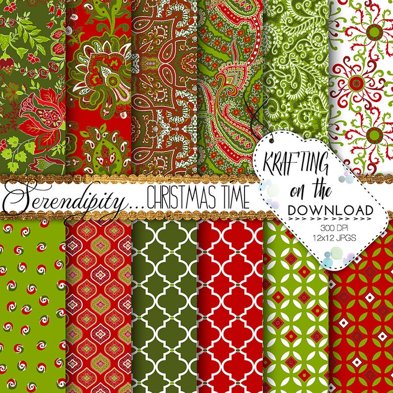 Puede incluir: Un paquete de papel digital con 12 patrones navide&ntilde;os en rojo, verde y blanco. Los patrones incluyen dise&ntilde;os de paisley, geom&eacute;tricos y florales. El texto "Serendipity... Christmas Time" y "KRAFTING on the DOWNLOAD" est&aacute; incluido en la imagen.