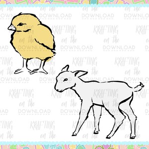 Puede incluir: Un dibujo en blanco y negro de un cordero y un pollito beb&eacute;s. El pollito es amarillo y el cordero es blanco.