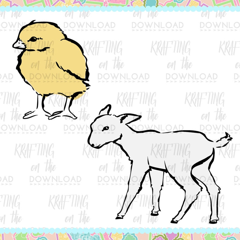Puede incluir: Un dibujo en blanco y negro de un cordero y un pollito beb&eacute;s. El pollito es amarillo y el cordero es blanco.