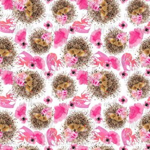 May include: A seamless pattern featuring watercolor illustrations of hedgehogs holding hearts with the word "Love" written on them. The background is white with pink watercolor splatters and flowers.