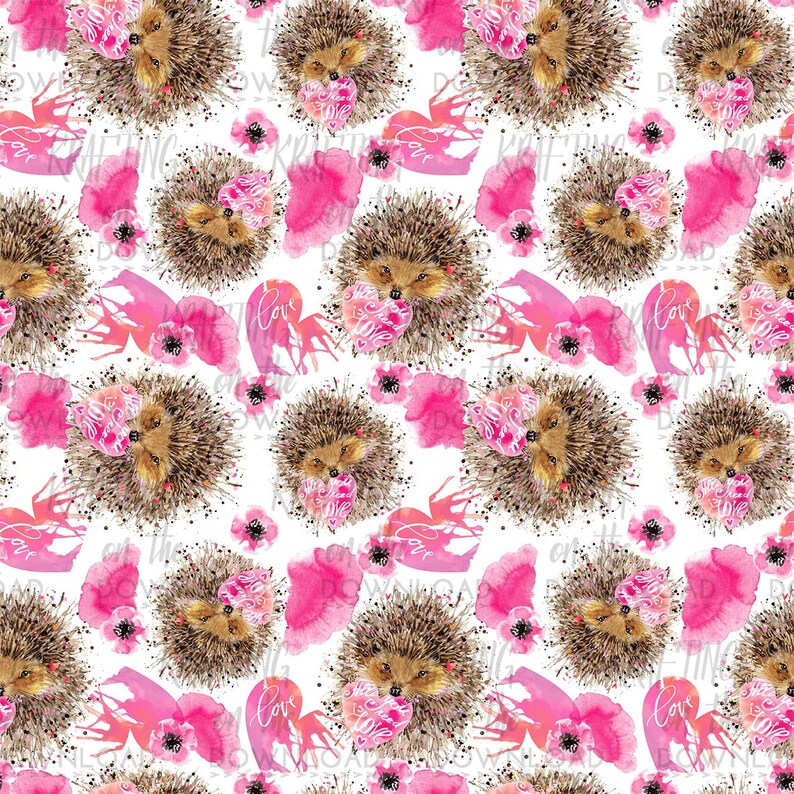 May include: A seamless pattern featuring watercolor illustrations of hedgehogs holding hearts with the word "Love" written on them. The background is white with pink watercolor splatters and flowers.