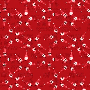 May include: A red background with a repeating pattern of white polka dot gnomes wearing red hats. The text "Crafting on the Download" is repeated throughout the pattern.