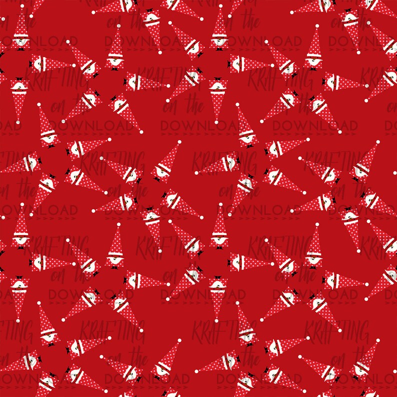 May include: A red background with a repeating pattern of white polka dot gnomes wearing red hats. The text "Crafting on the Download" is repeated throughout the pattern.