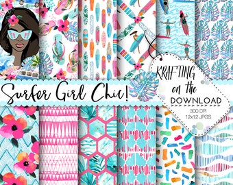 watercolor surfer girl paper pack surf girl digital paper medium skin tone surfer planner girl paper pack watercolor surfer girl