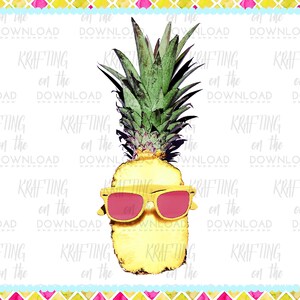 May include: A yellow pineapple with green leaves wearing pink sunglasses. The pineapple is on a white background with a colourful border.