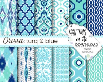 turq and blue ikat digital paper pack ikat design turquoise, blue, navy, scrapbooking papers summer ikat digital paper boho paper pack