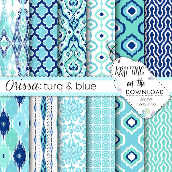 turq and blue ikat digital paper pack ikat design turquoise, blue, navy, scrapbooking papers summer ikat digital paper boho paper pack