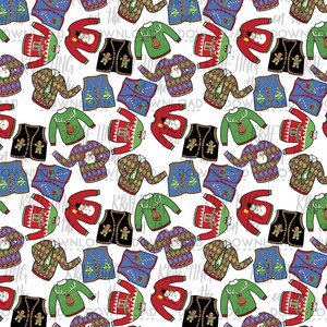 May include: A seamless pattern featuring a variety of colorful Christmas sweaters with different designs, including reindeer, snowmen, and candy canes. The sweaters are on a white background.