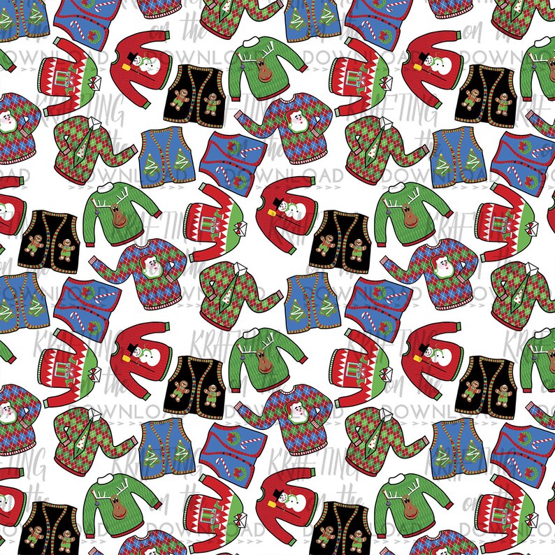 May include: A seamless pattern featuring a variety of colorful Christmas sweaters with different designs, including reindeer, snowmen, and candy canes. The sweaters are on a white background.