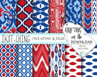 rood wit en blauw digitale papier pack ikat ontwerp rood blauw Marine scrapbooking papieren patriottische papier pack 4 juli digitale papier
