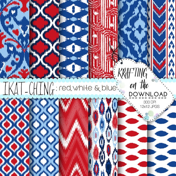 red white and blue digital paper pack ikat design red blue navy scrapbooking papers patriotic paper pack 4th of july digital paper