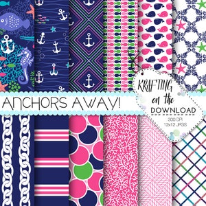 pink and navy nautical digital paper preppy digital papers anchor digital paper cute paper pack navy and pink paper summer digital paper