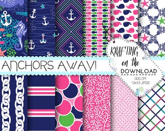 pink and navy nautical digital paper preppy digital papers anchor digital paper cute paper pack navy and pink paper summer digital paper