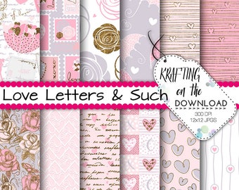 valentine paper pack romantic love paper pack stamps valentines paper hearts love digital paper pink rose digital paper gold accents