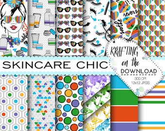 May include: A digital paper pack with 12 different patterns. The patterns include hearts, stripes, polka dots, geometric shapes, and floral designs. The paper pack is designed for crafting and includes a title that says "KRAFTING on the".