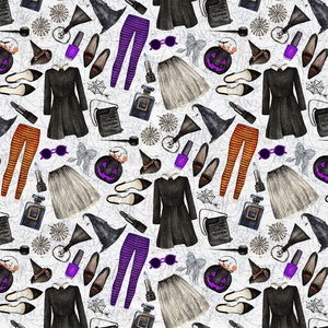 May include: A seamless pattern featuring a variety of Halloween-themed elements, including witch hats, striped tights, black dresses, pumpkins, nail polish, and perfume bottles. The pattern is set against a white background.