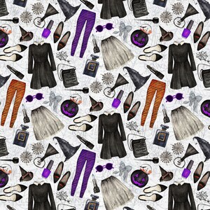 May include: A seamless pattern featuring various Halloween-themed elements, including witch hats, striped tights, black dresses, pumpkins, and spiderwebs. The pattern is set against a white background.