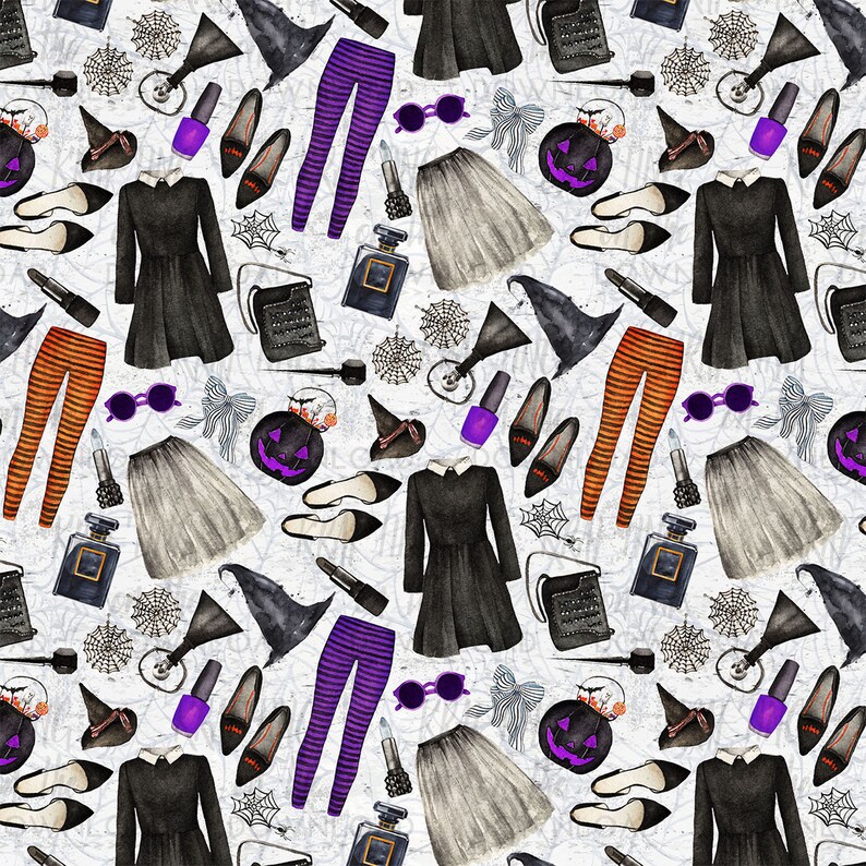 May include: A seamless pattern featuring various Halloween-themed elements, including witch hats, striped tights, black dresses, pumpkins, and spiderwebs. The pattern is set against a white background.