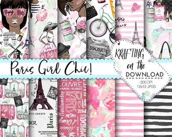 paris paper pack watercolor paris medium skin tone planner girl paper pack paris girl paper pack watercolor paris digital paper eiffel tower