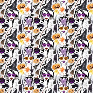 May include: A seamless pattern featuring a watercolor illustration of a witch with purple sunglasses, a black cat, a witch's hat, a broom, a pumpkin, and a spider web. The background is white.