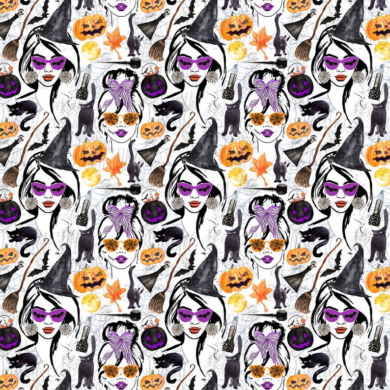 May include: A seamless pattern featuring a watercolor illustration of a witch with purple sunglasses, a black cat, a witch's hat, a broom, a pumpkin, and a spider web. The background is white.