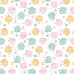 May include: A seamless pattern featuring pastel pink, yellow, and teal elephants with floral accents on a white background.