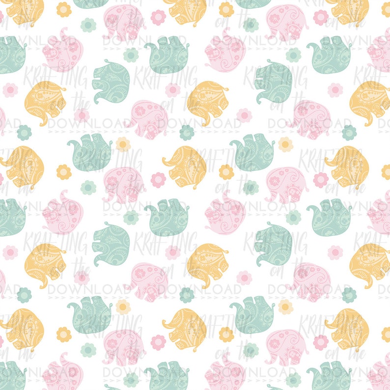 May include: A seamless pattern featuring pastel pink, yellow, and teal elephants with floral accents on a white background.