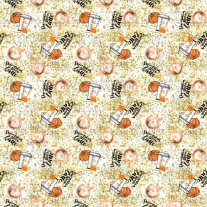 May include: A seamless pattern featuring a white background with gold glitter and a repeating design of a coffee cup with a pumpkin spice latte and a pumpkin. The text "Pumpkin Spice Latte" is written in black.
