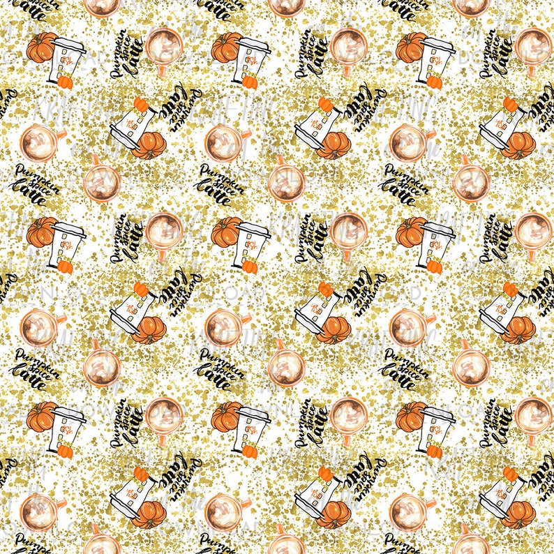 May include: A seamless pattern featuring a white background with gold glitter and a repeating design of a coffee cup with a pumpkin spice latte and a pumpkin. The text "Pumpkin Spice Latte" is written in black.